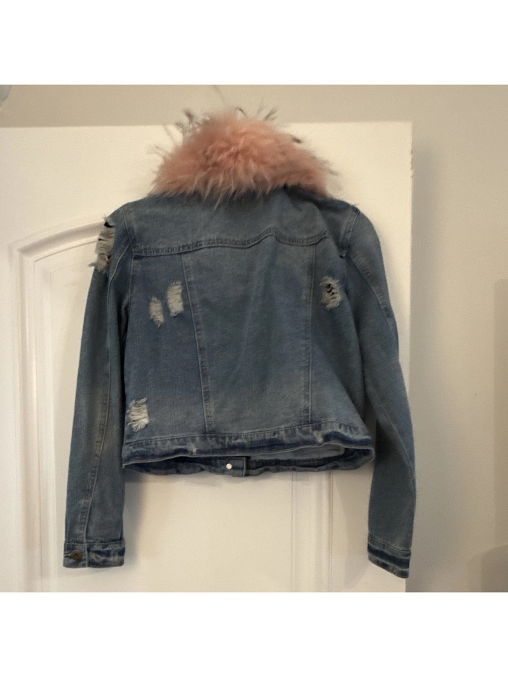 Forever 21 Light Blue Distressed Denim Jacket with Pink Faux Fur Collar